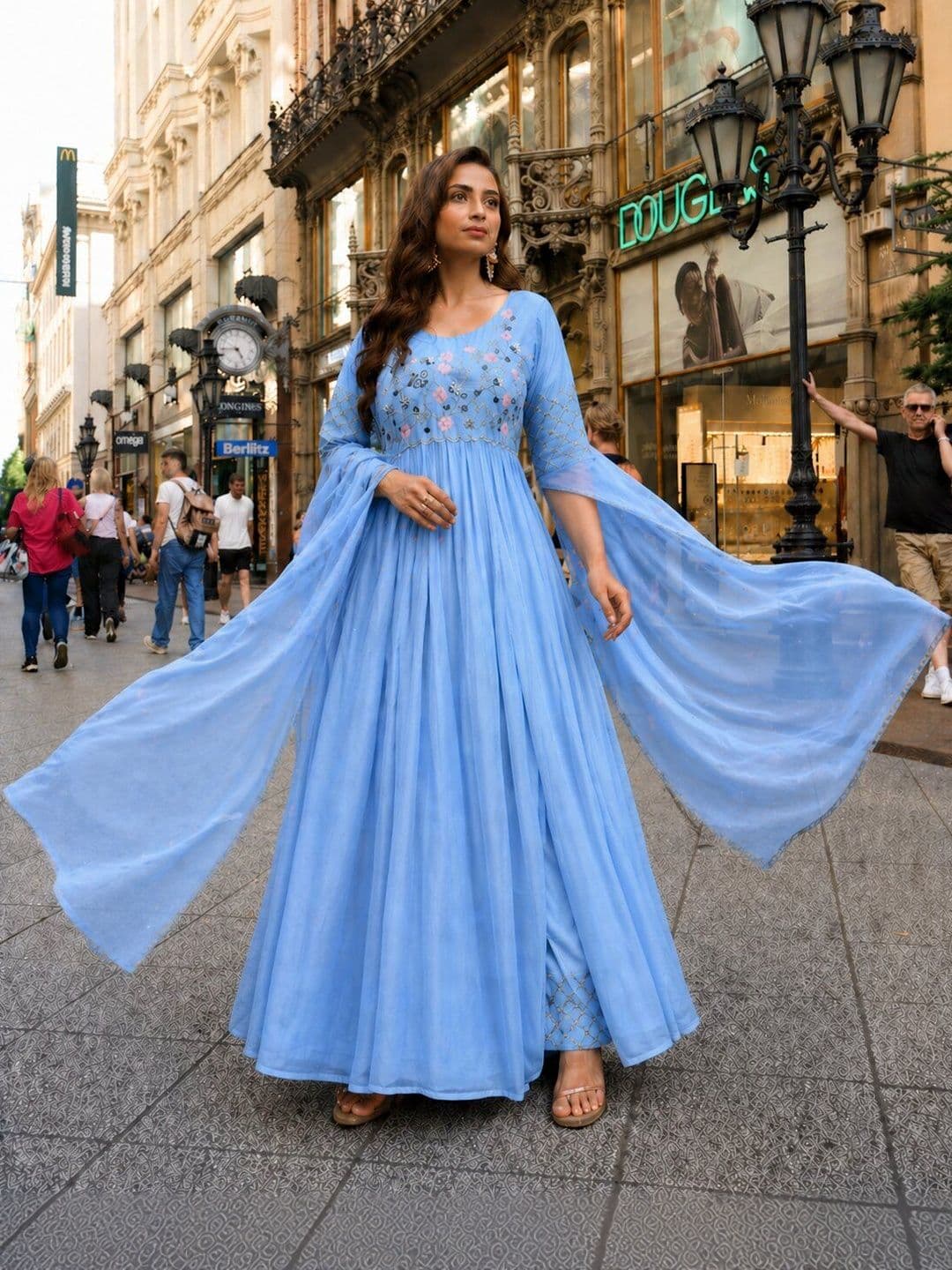 PRIMESKY Women Floral Embroidered Empire Thread Work Silk Georgette Kurta with Trousers & With Dupatta thumbnail 2