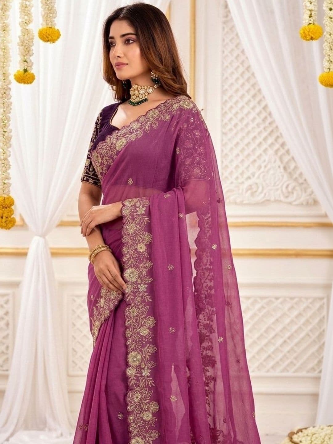 Mitera Floral Embroidered Poly Georgette Heavy Work Saree thumbnail 5