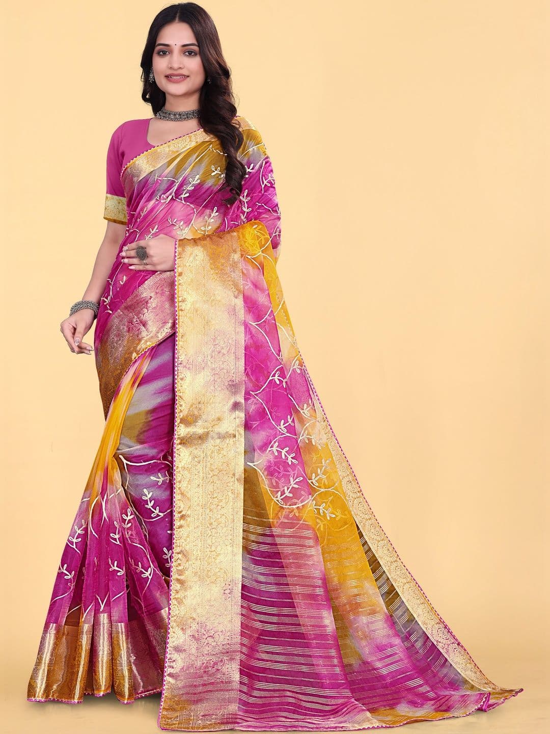 KOTHARI BS Tie and Dye Embroidered Organza Patola Saree thumbnail 2