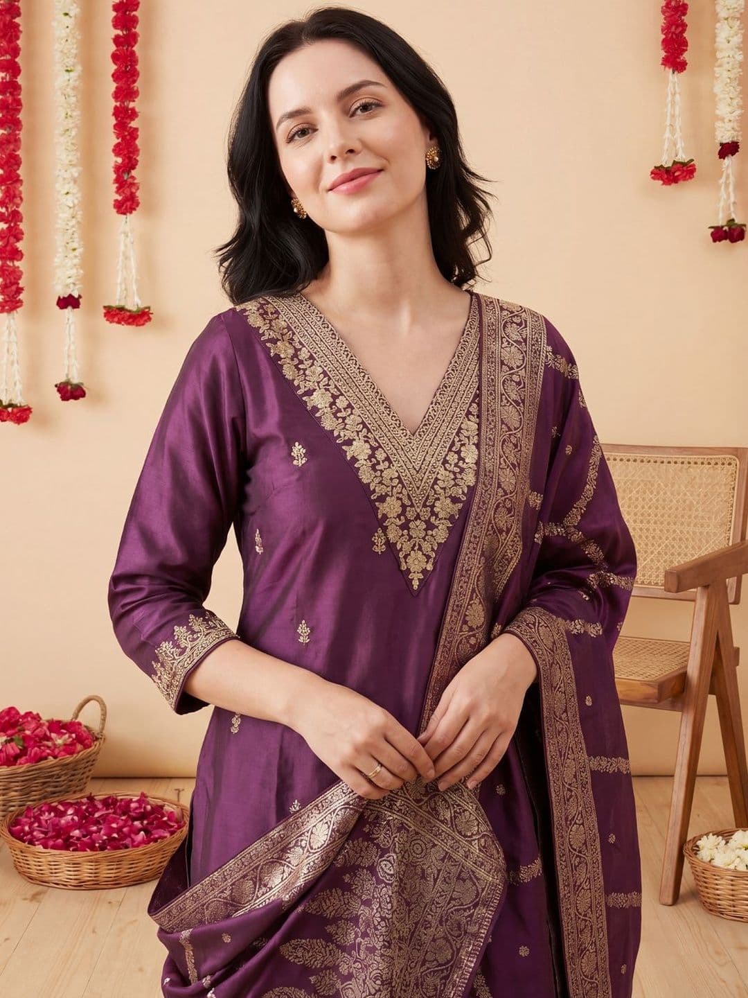 Indo Era Women Ethnic Motifs Embroidered Regular Thread Work Kurta with Trousers & With Dupatta thumbnail 4