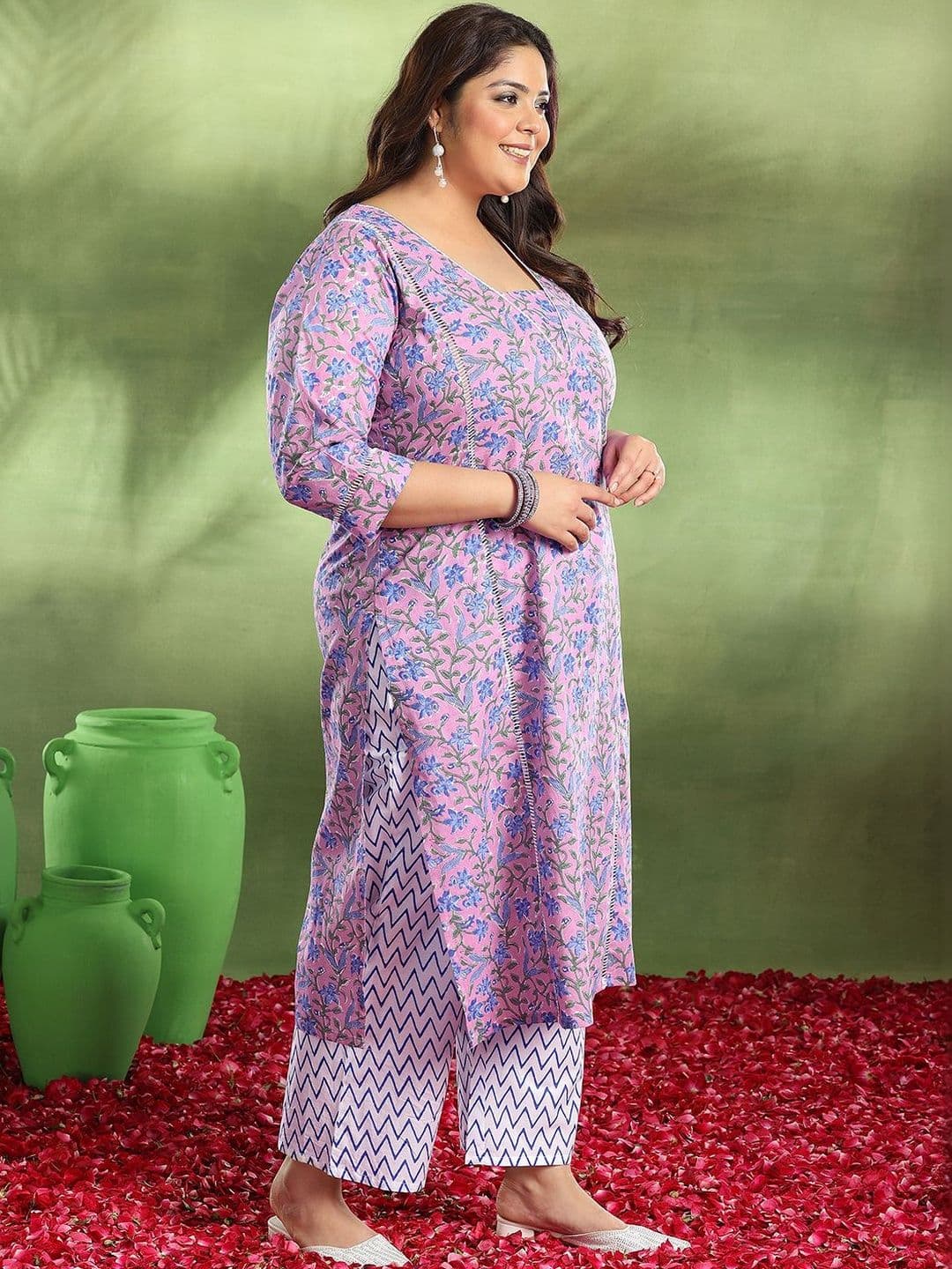 EXTRA LOVE BY LIBAS Plus Size Purple Printed Cotton Straight Suit With Dupatta thumbnail 4