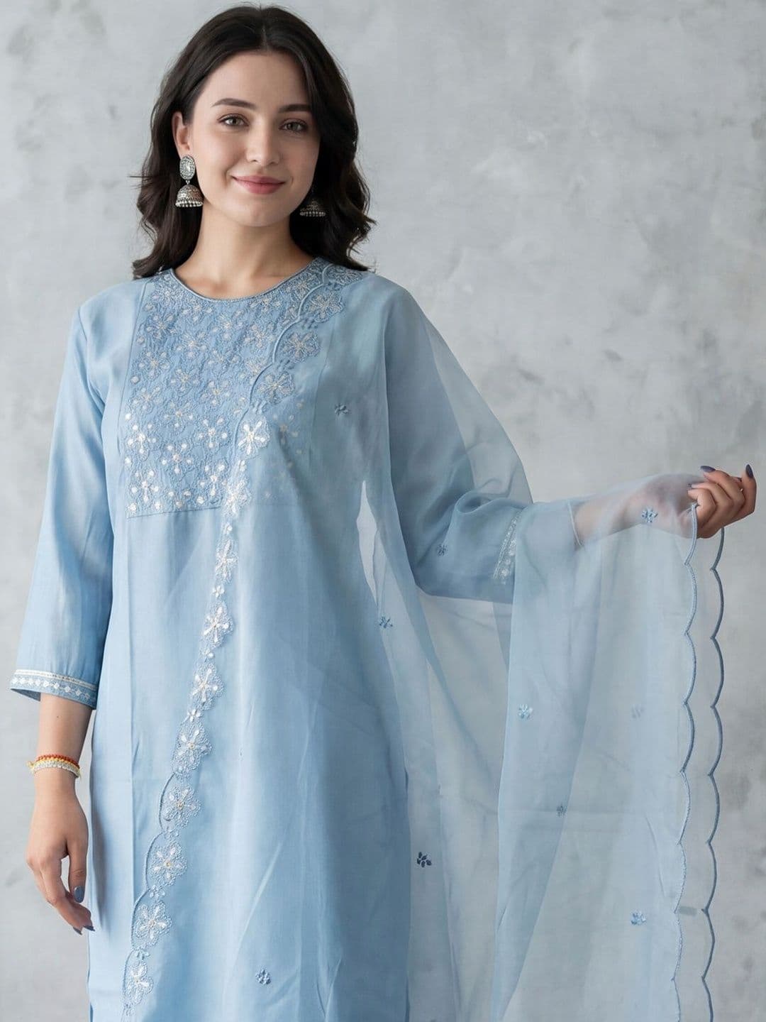 Indo Era Women Ethnic Motifs Embroidered Regular Thread Work Kurta with Trousers & With Dupatta thumbnail 2