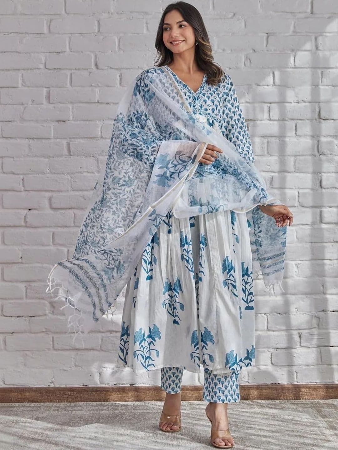 Sangria Printed Pure Cotton V-Neck Kurta & Palazzos With Dupatta - view 1