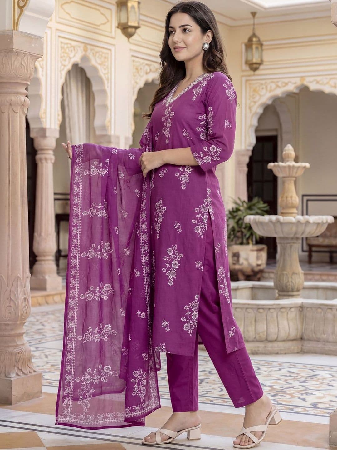 Indo Era Women Floral Printed Regular Sequinned Pure Cotton Kurta with Trousers & With Dupatta thumbnail 6