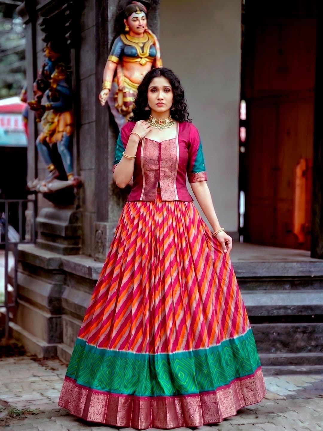 LOOKNBOOK ART Tasar Silk Leheriya Print Lehenga Choli with Rich Zari Weaving Work thumbnail 3