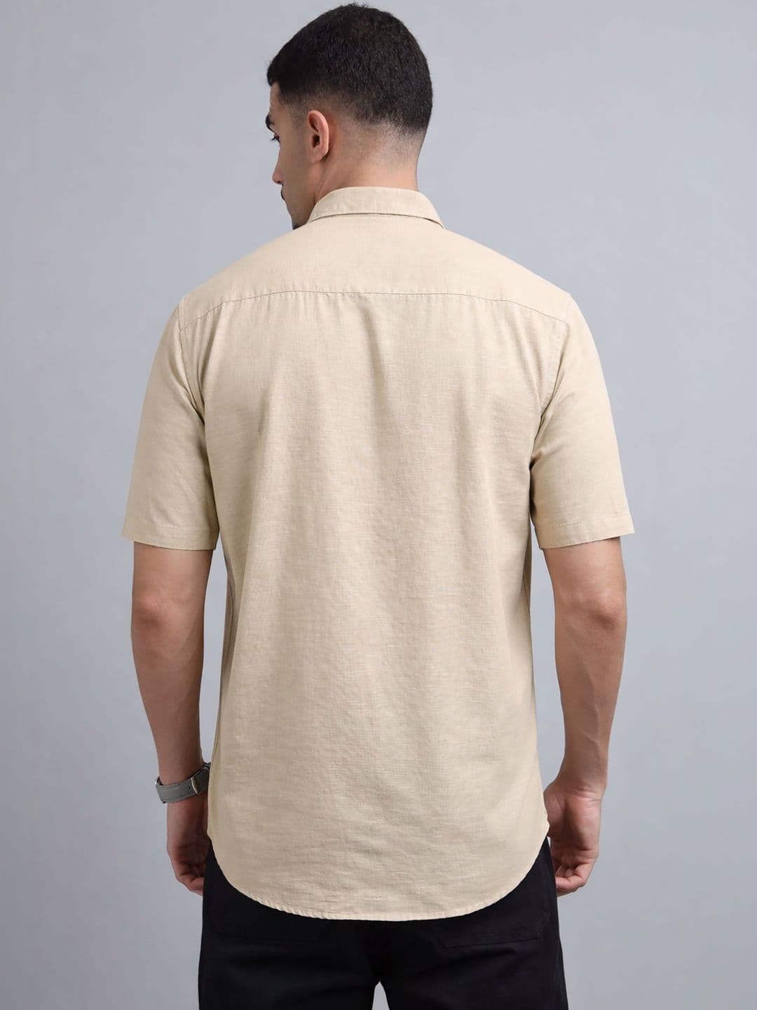 U.S. PITCHERS Beige Solid Casual Shirt with Curved Hem thumbnail 6
