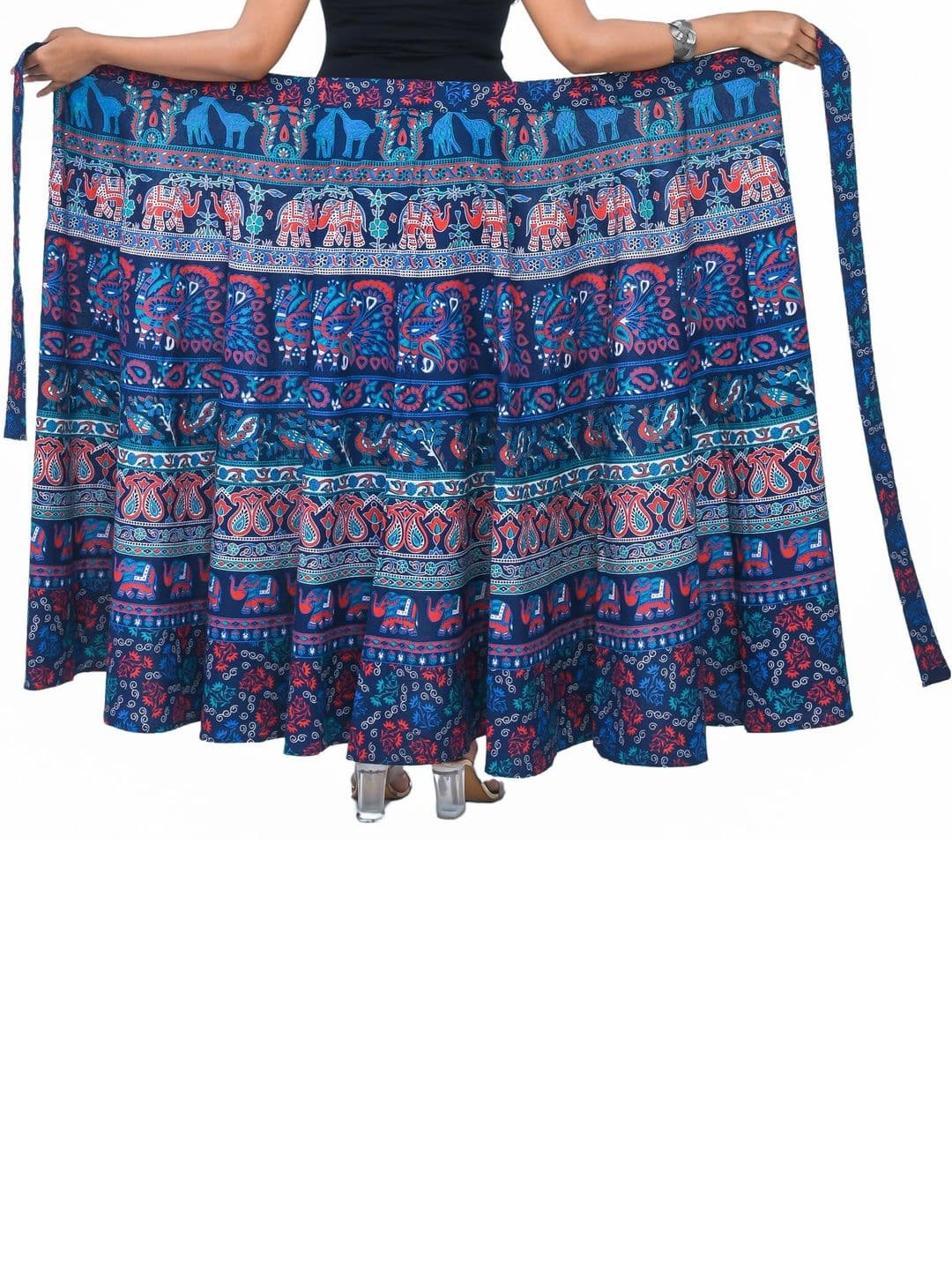 SAMJHI Ethnic Paisley Maxi Wrap Skirt - Blue, Red & Green thumbnail 2