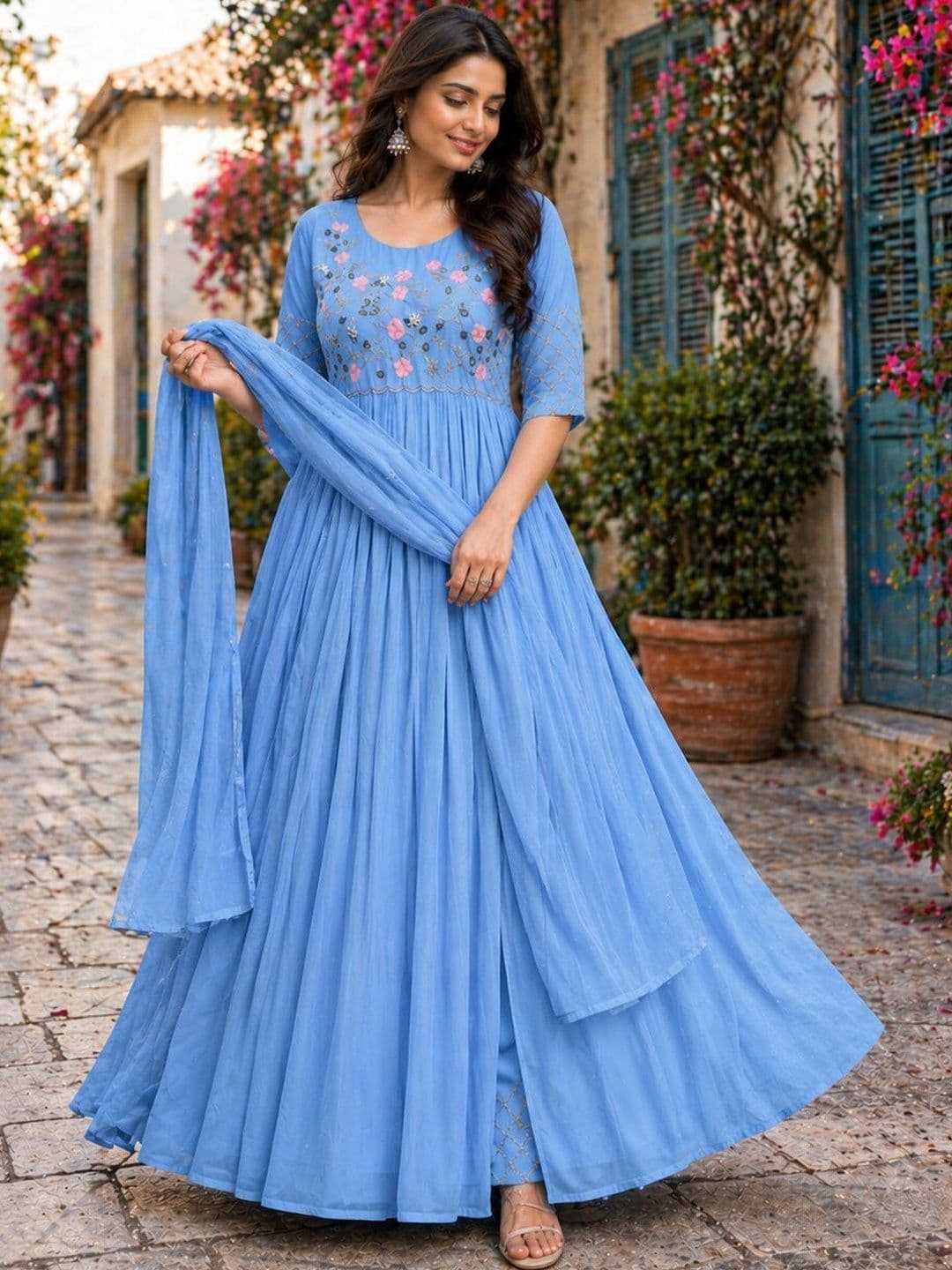 PRIMESKY Women Floral Embroidered Empire Thread Work Silk Georgette Kurta with Trousers & With Dupatta thumbnail 2