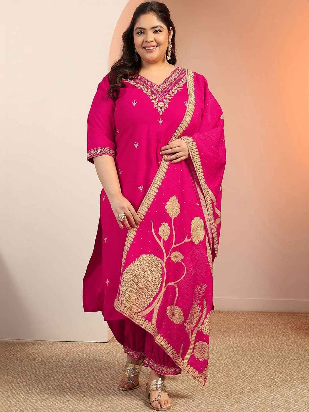 EXTRA LOVE BY LIBAS Plus Size Pink Embroidered Viscose Straight Suit Set With Dupatta - view 1