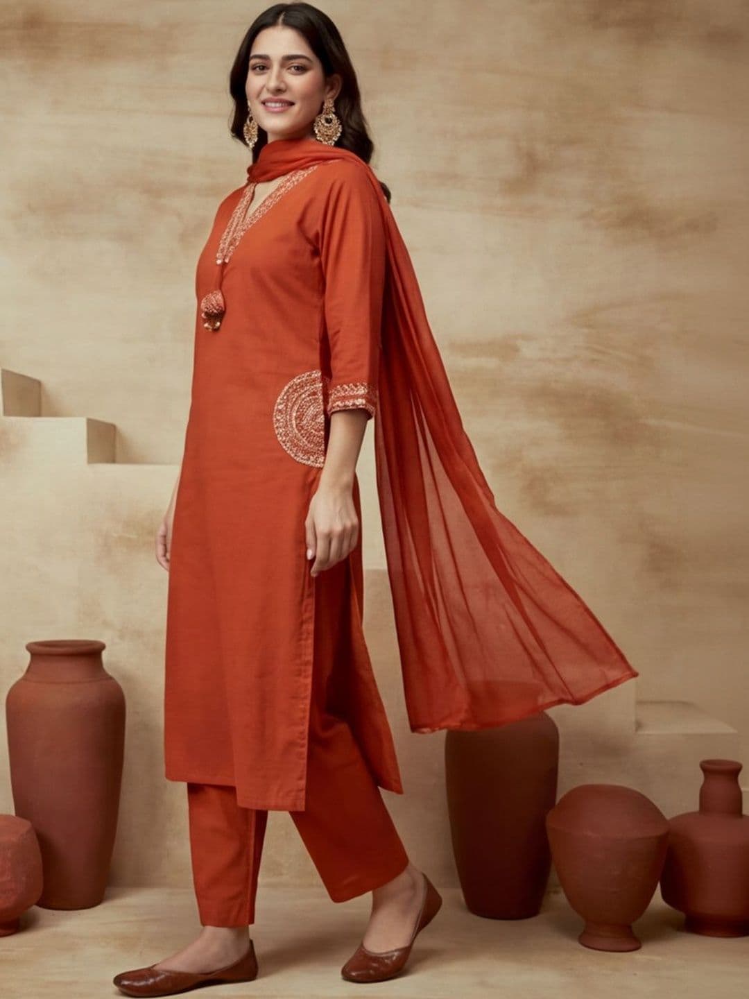 House of Pataudi Solid Embroidered Straight Cotton Kurta & Trousers Sets thumbnail 2