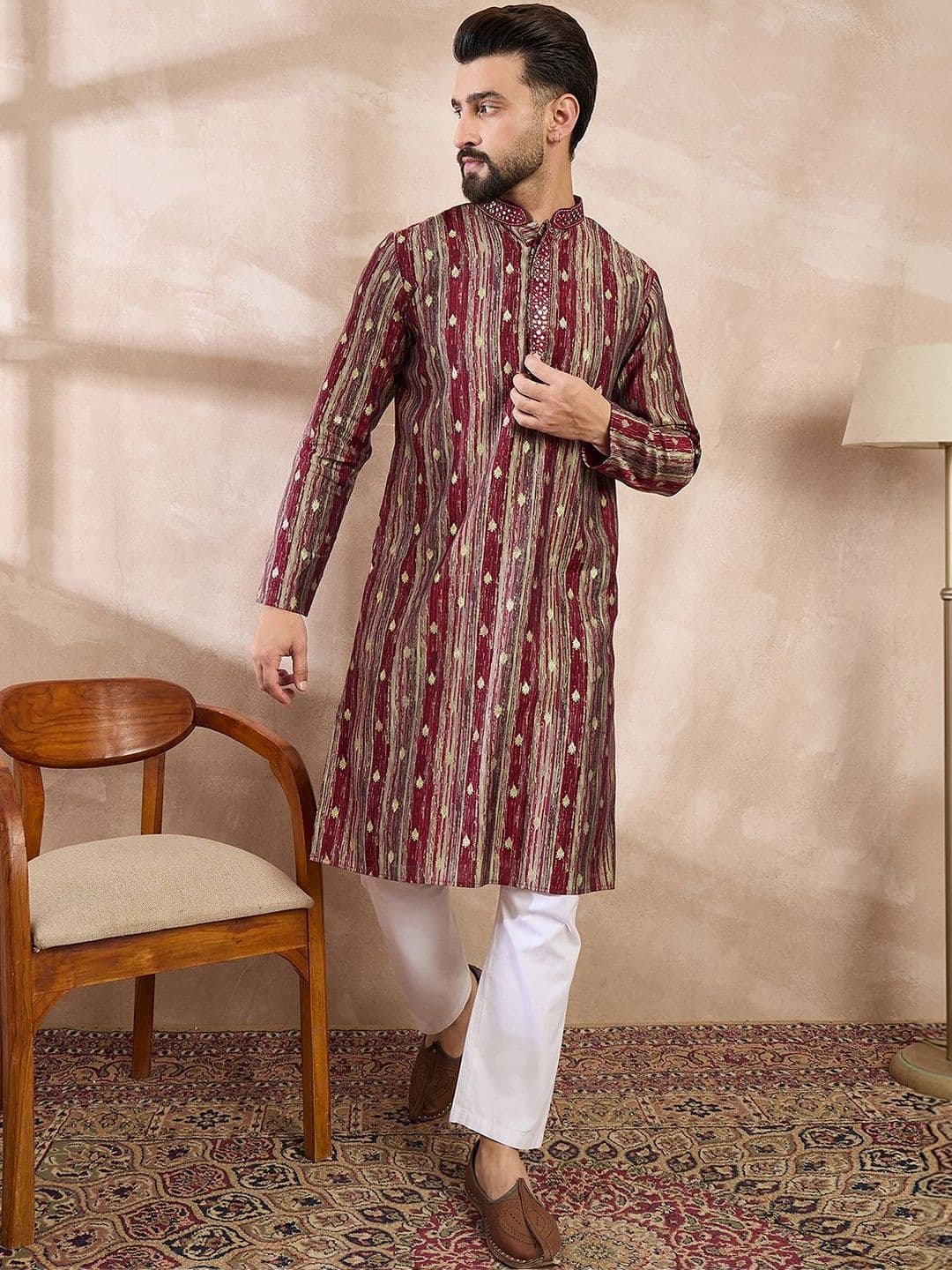 House of Pataudi Printed Mandarin Collar Knee Length Straight Kurta thumbnail 3