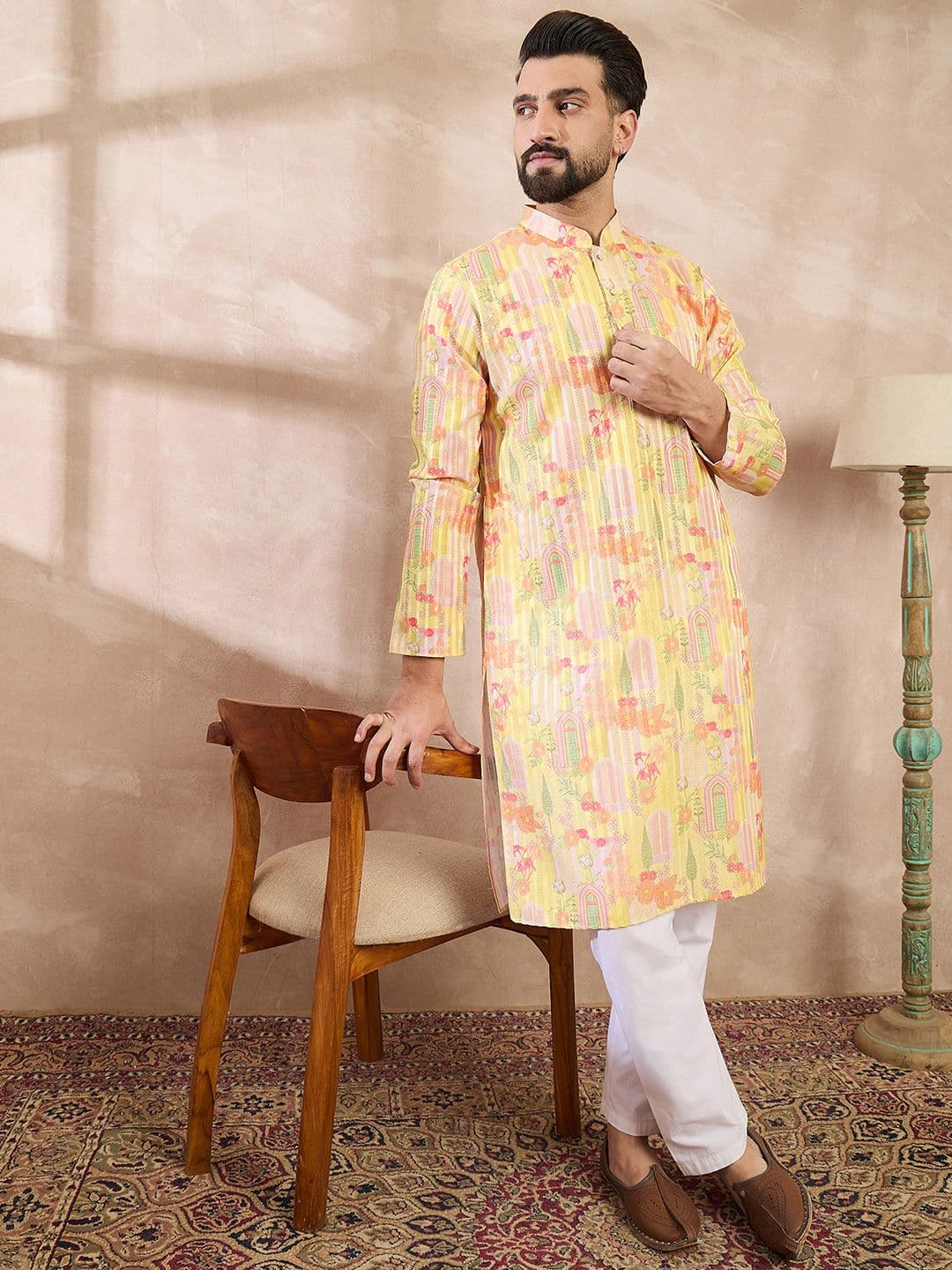 House of Pataudi Printed Mandarin Collar Knee Length Straight Kurta thumbnail 5