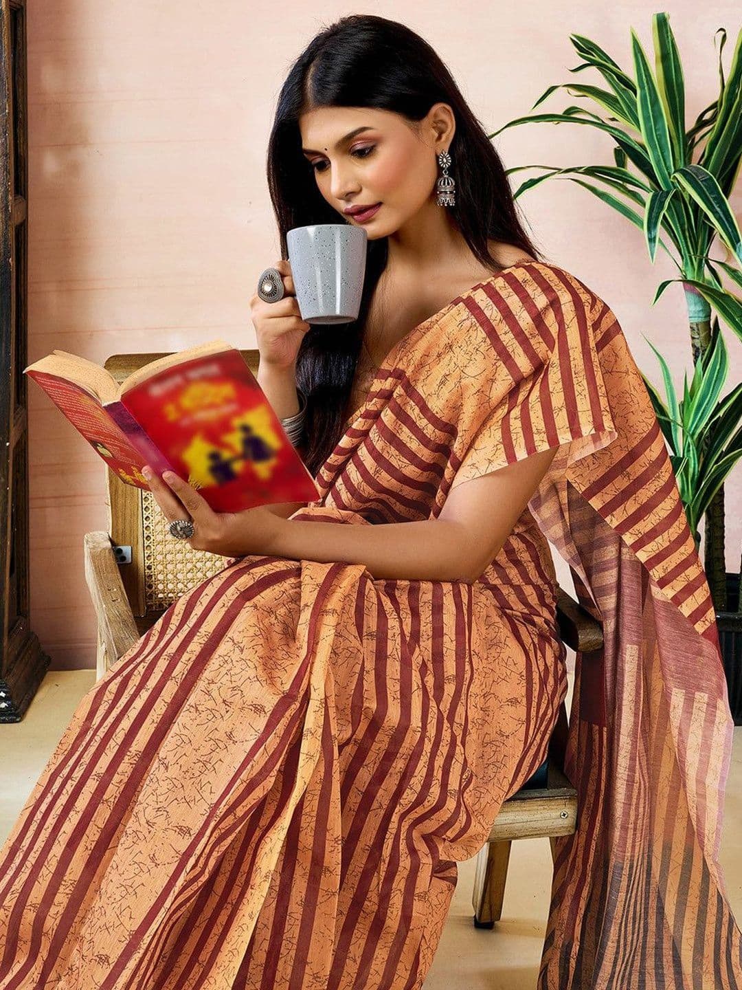Sangria Striped Chanderi Cotton Ready to Wear Saree Blouse Piece - view 1