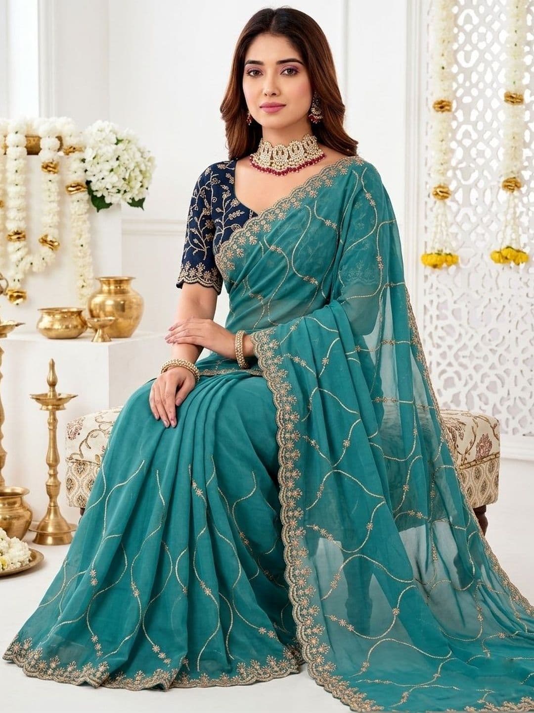 Mitera Embellished Embroidered Poly Georgette Designer Saree thumbnail 2