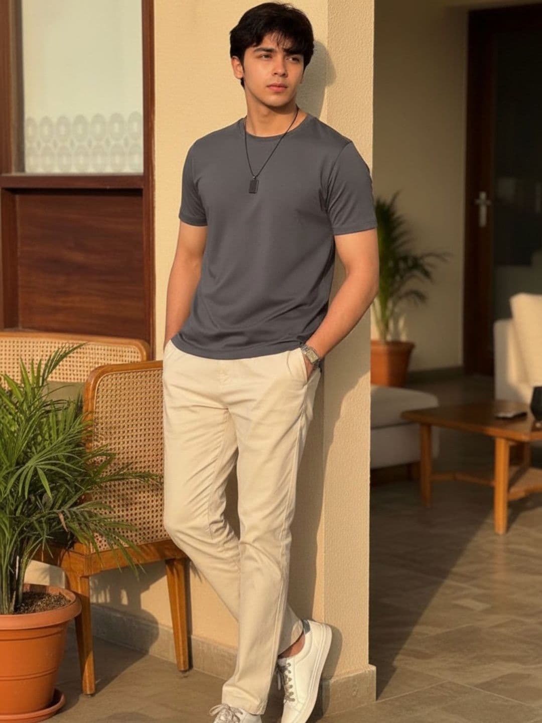 Mast & Harbour Rigo Men Dark Grey Solid Round Neck Regular Fit Cotton T-shirt thumbnail 5
