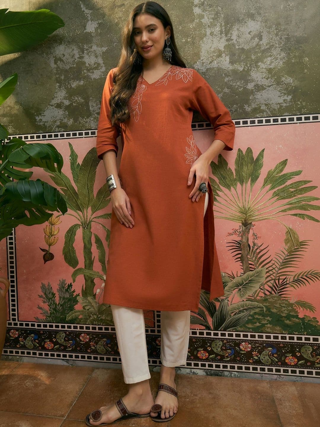 Sangria Printed Cotton V-Neck Calf Length Straight Kurtas thumbnail 6