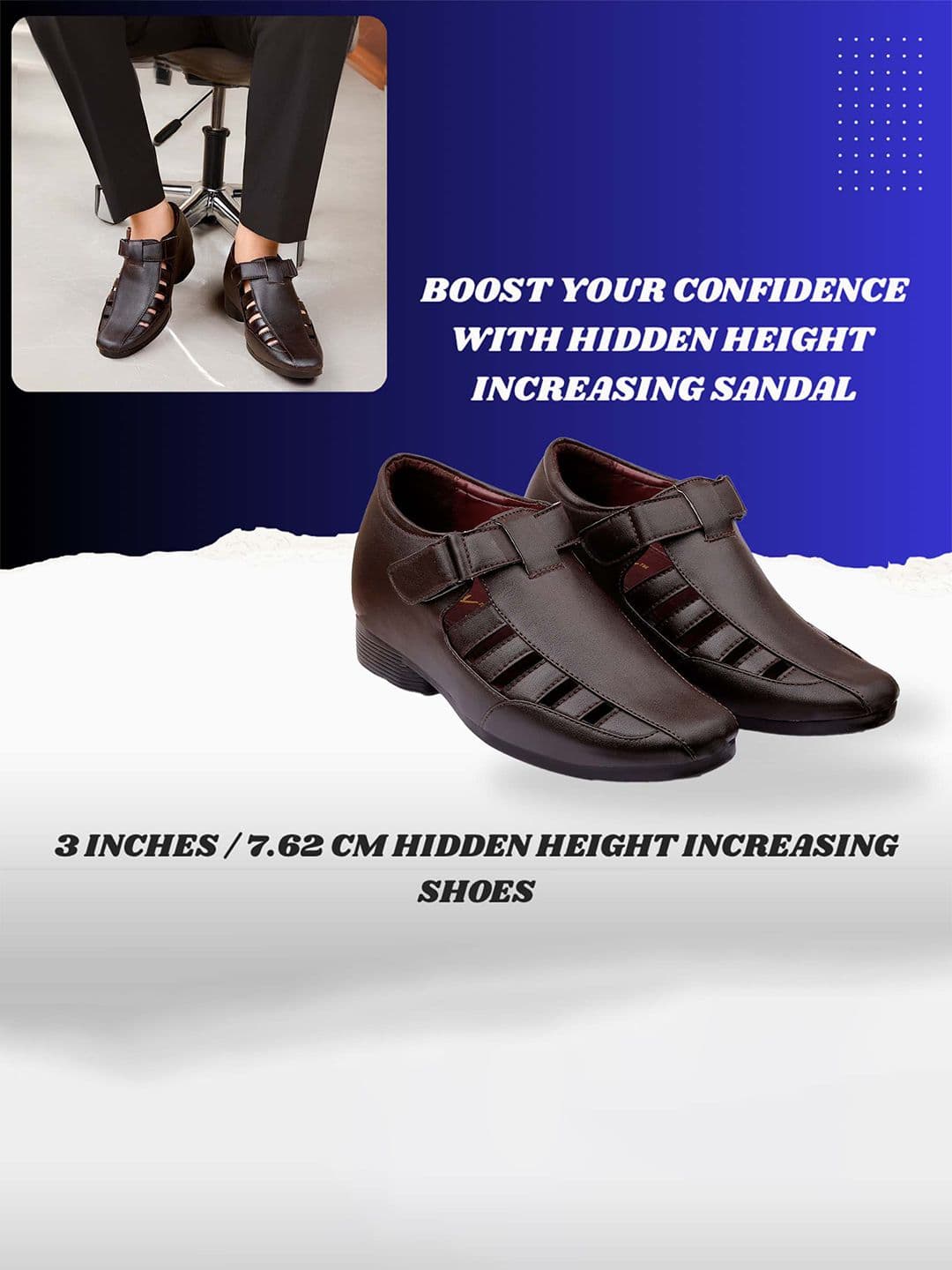 Bxxy Men Brown Solid Invisible Height Increasing 3 Inch Semi-Formal Sandals thumbnail 5