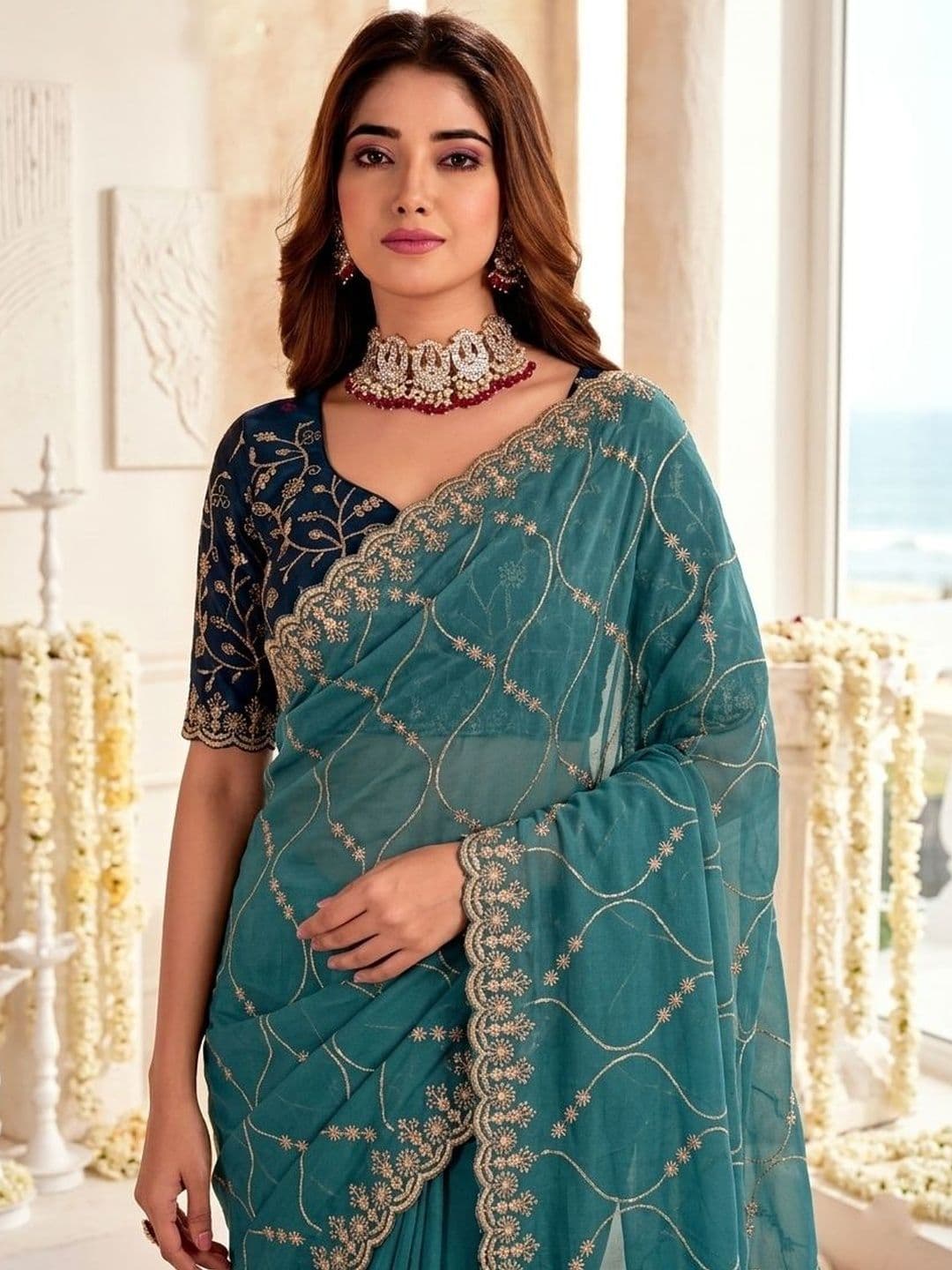 Mitera Embellished Embroidered Poly Georgette Designer Saree thumbnail 6
