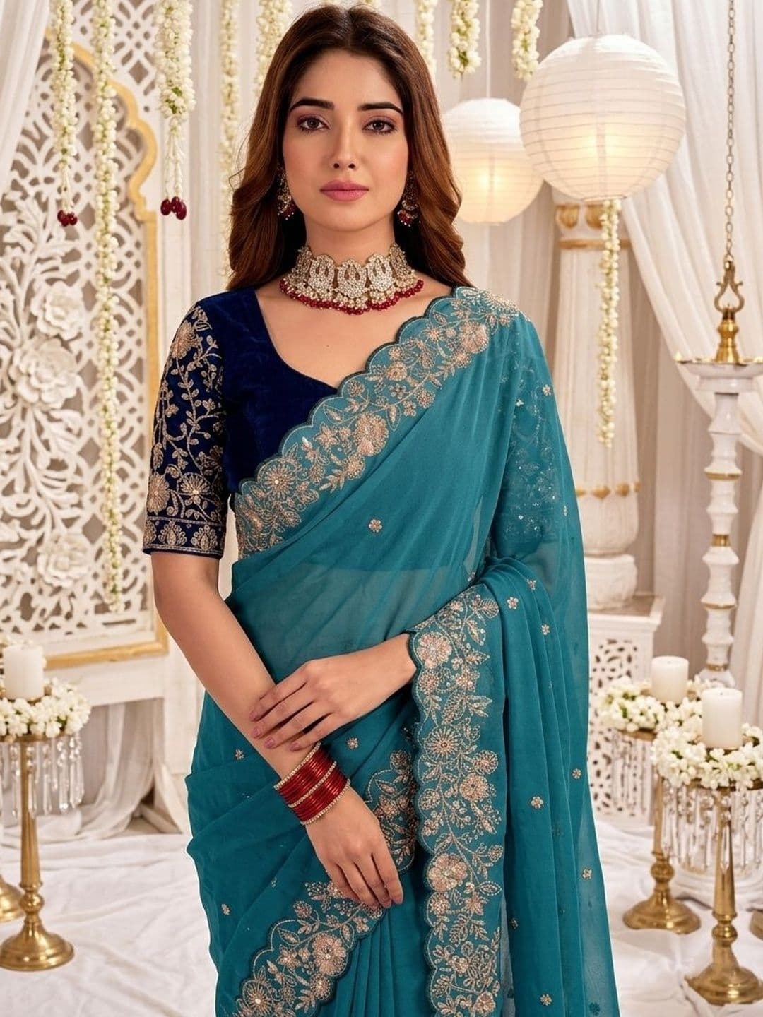 Mitera Ethnic Motifs Embroidered Poly Georgette Heavy Work Saree thumbnail 4