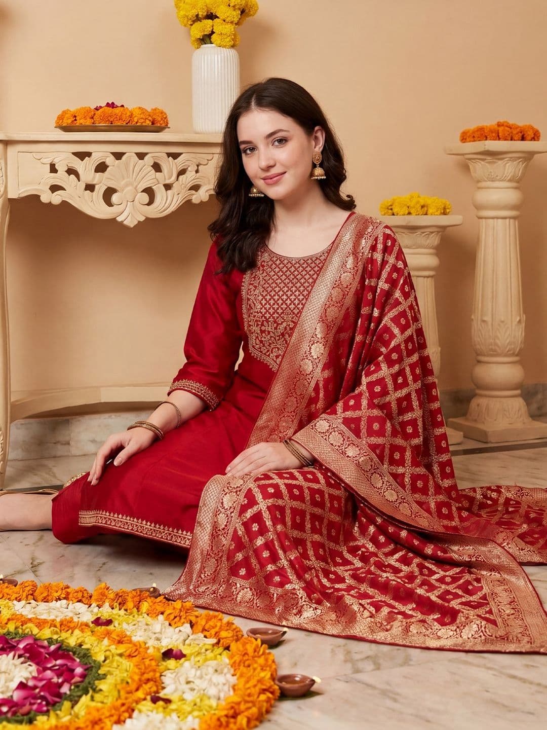 Indo Era Women Ethnic Motifs Embroidered Regular Thread Work Kurta with Trousers & With Dupatta - view 1