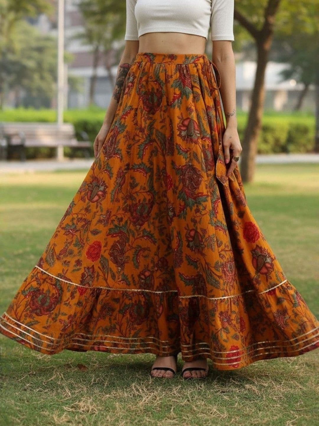 Sangria Women Cotton Cambric Floral Maxi Flared Skirt thumbnail 3