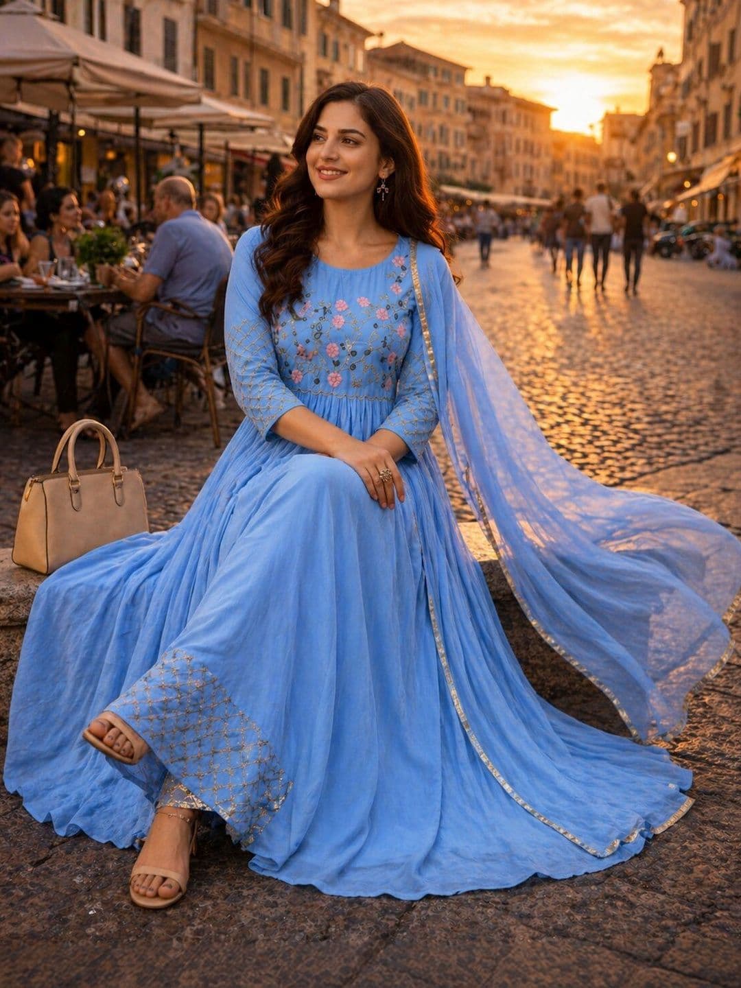 PRIMESKY Women Floral Embroidered Empire Thread Work Silk Georgette Kurta with Trousers & With Dupatta thumbnail 2
