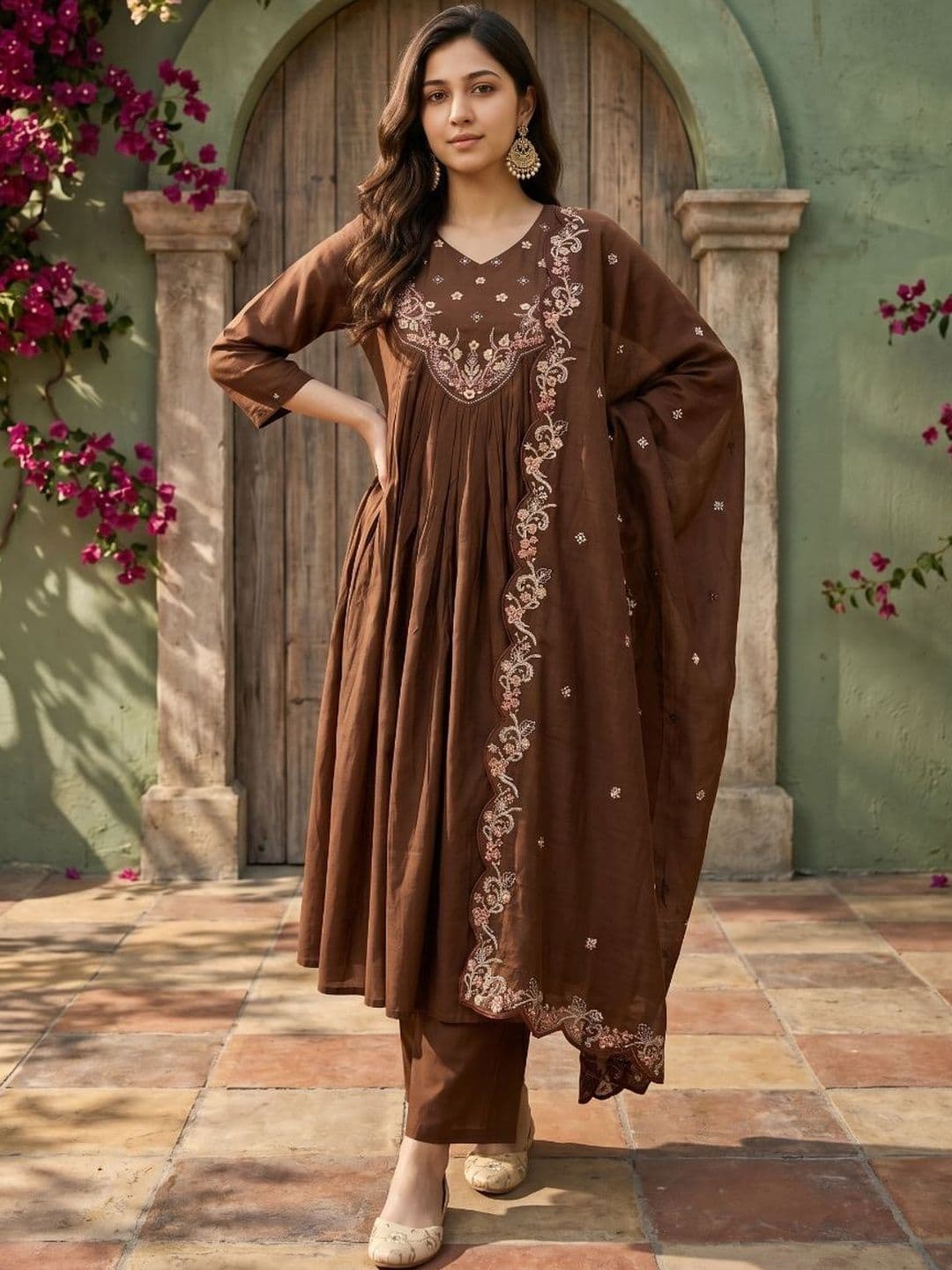 KRYSAL Women Ethnic Motifs Embroidered Panelled Thread Work Kurta with Trousers & With Dupatta thumbnail 6