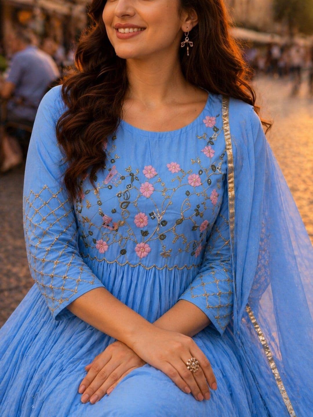 PRIMESKY Women Floral Embroidered Empire Thread Work Silk Georgette Kurta with Trousers & With Dupatta thumbnail 4