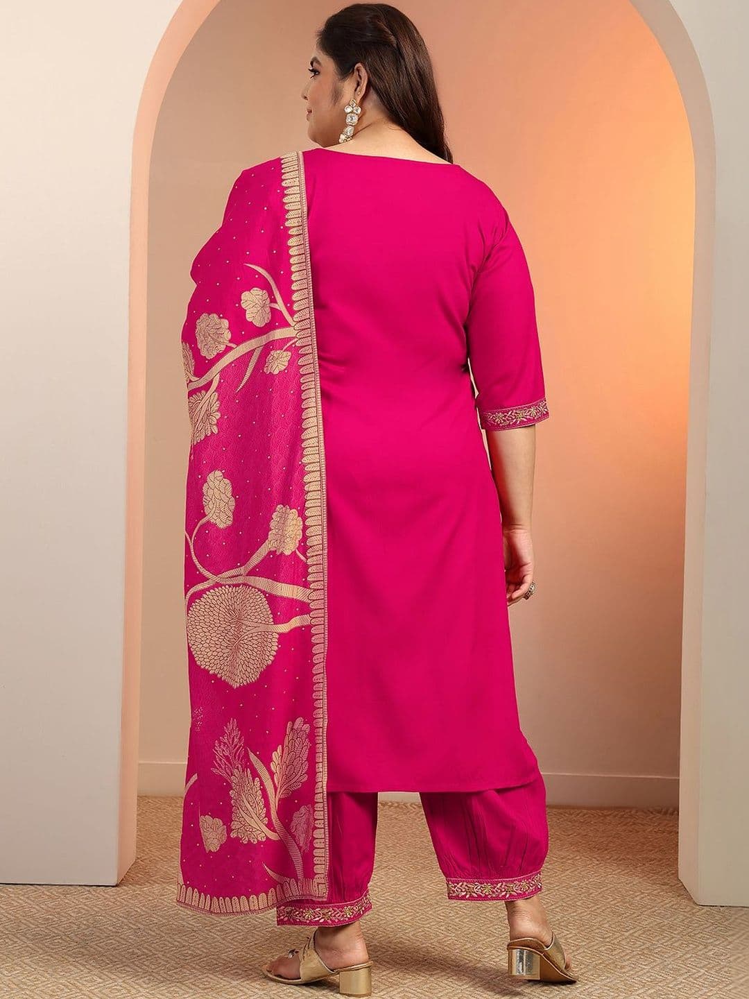 EXTRA LOVE BY LIBAS Plus Size Pink Embroidered Viscose Straight Suit Set With Dupatta thumbnail 3