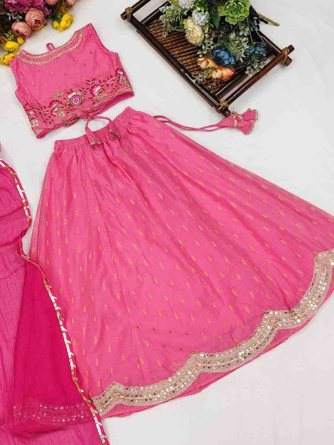 RJ ONLINE Girls Mirror Work Tie and Dye Semi-Stitched Lehenga & Blouse With Dupatta thumbnail 6