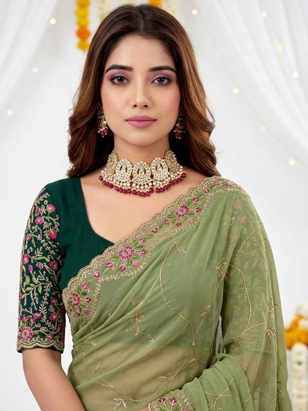 Mitera Floral Embroidered Poly Georgette Heavy Work Saree thumbnail 6