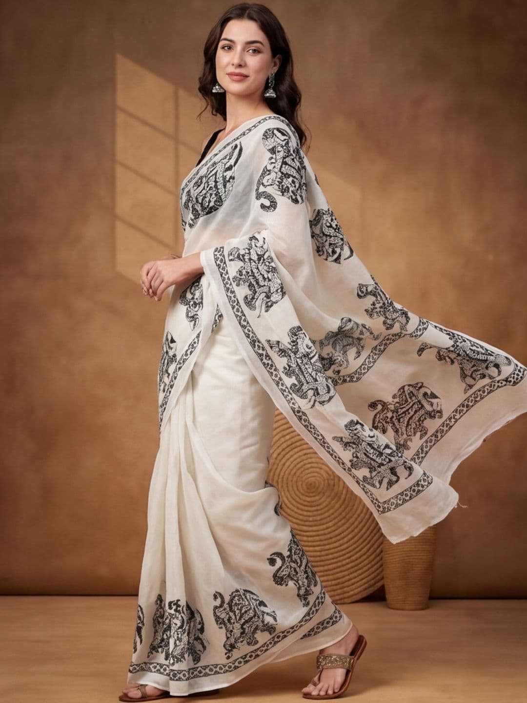 Jaipur Kurti Ethnic Motifs Linen Blend Saree thumbnail 4