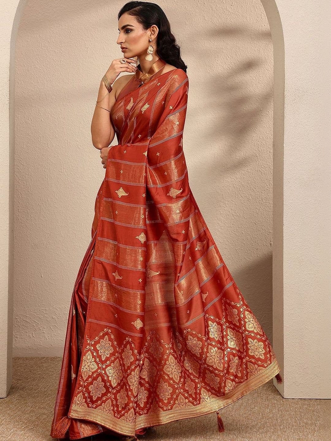Libas Rust Woven Design Banarsi Saree With Unstitched Blouse Piece thumbnail 4