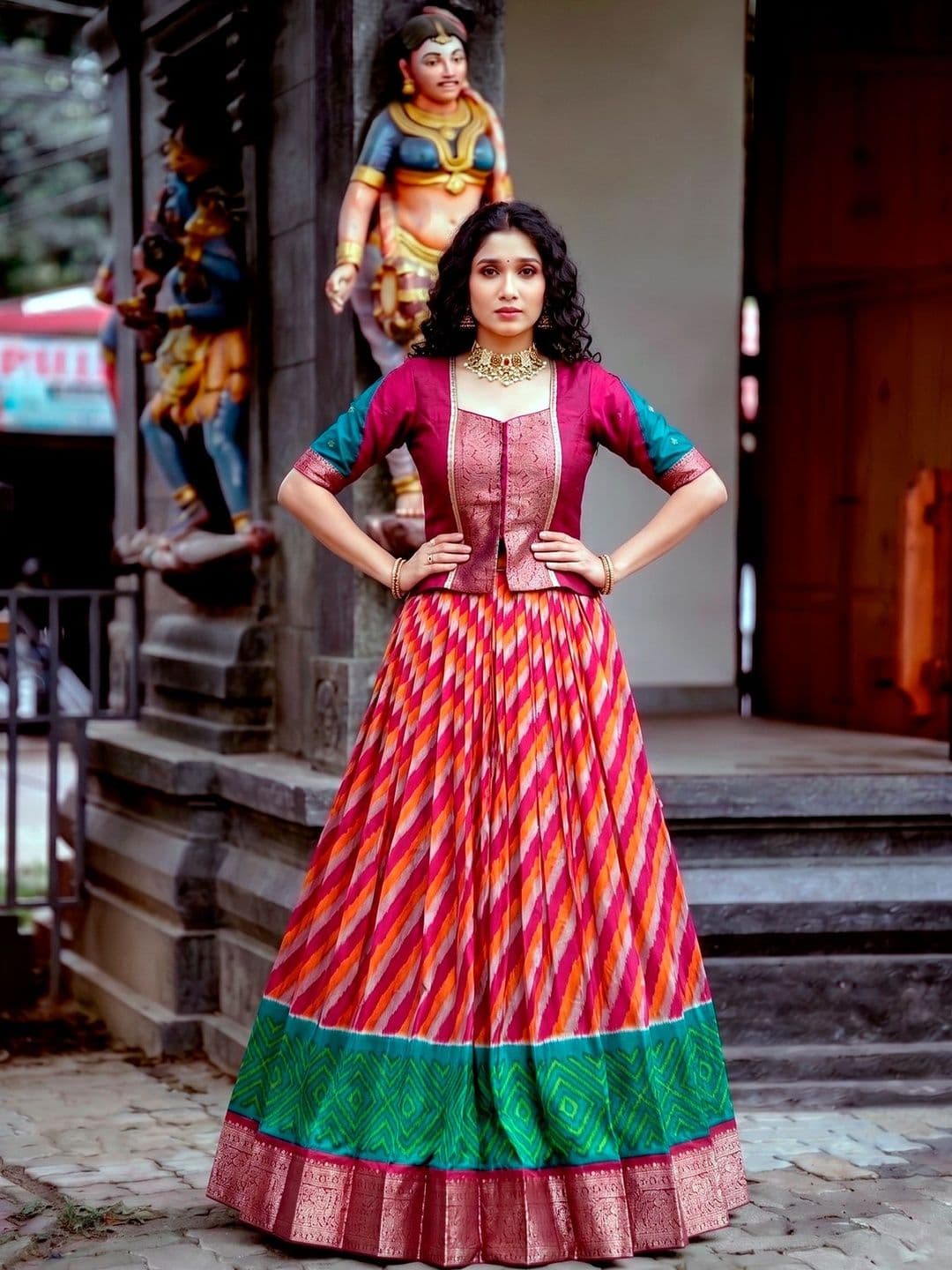 LOOKNBOOK ART Tasar Silk Leheriya Print Lehenga Choli with Rich Zari Weaving Work - view 1
