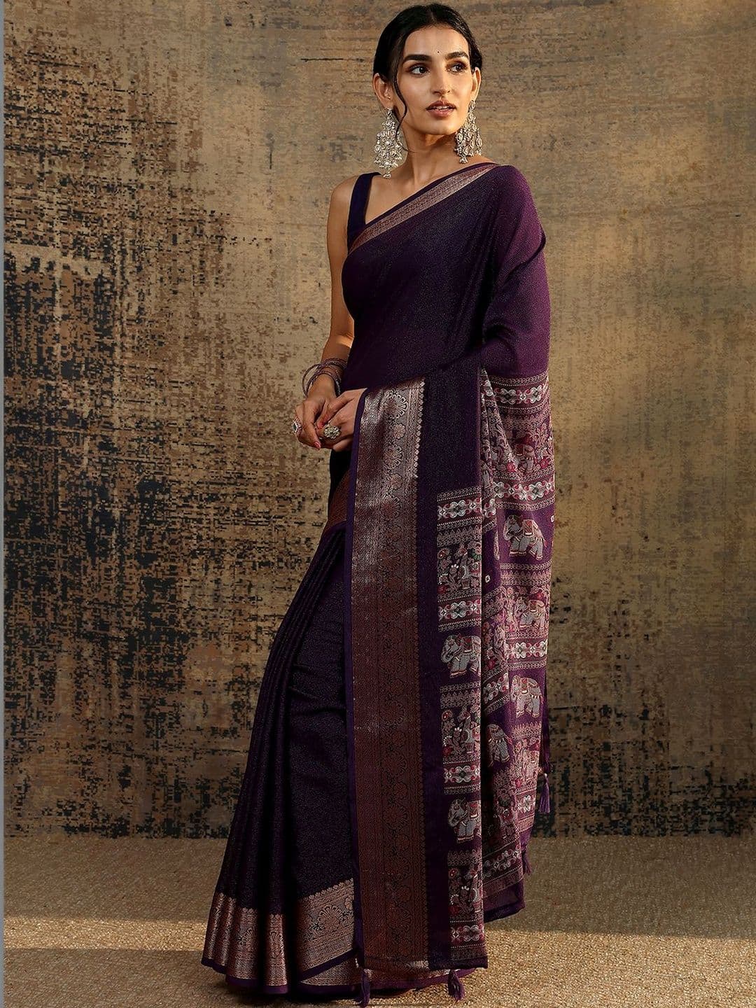 Libas Purple Solid Saree With Unstitched Blouse Piece thumbnail 3