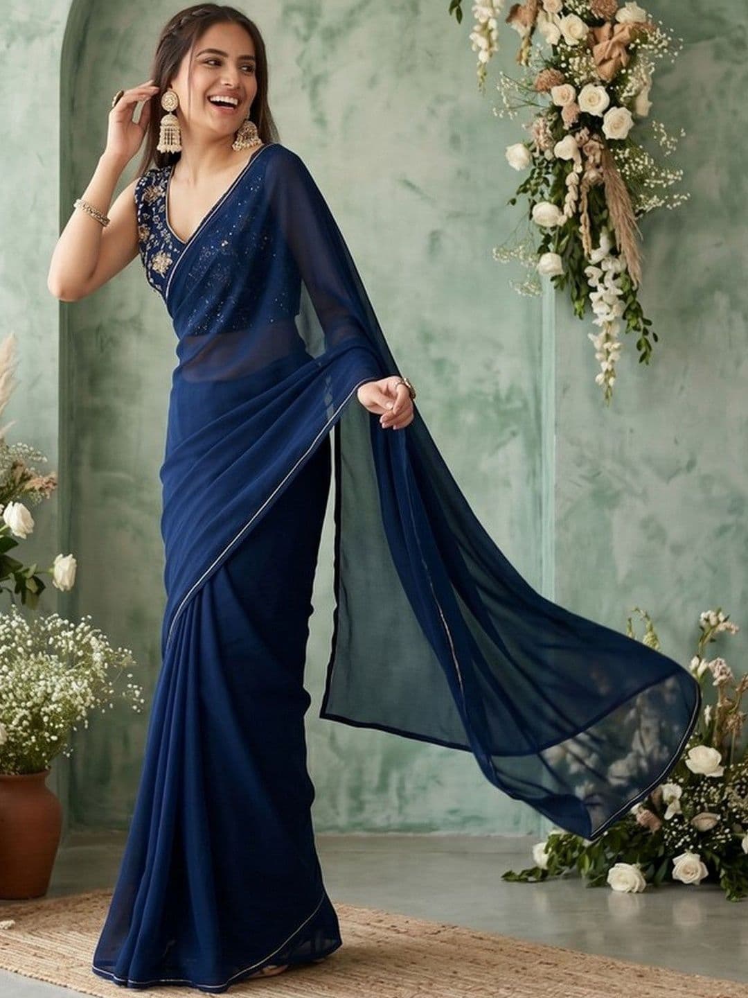 Mitera Embroidered Poly Georgette Designer Saree thumbnail 3