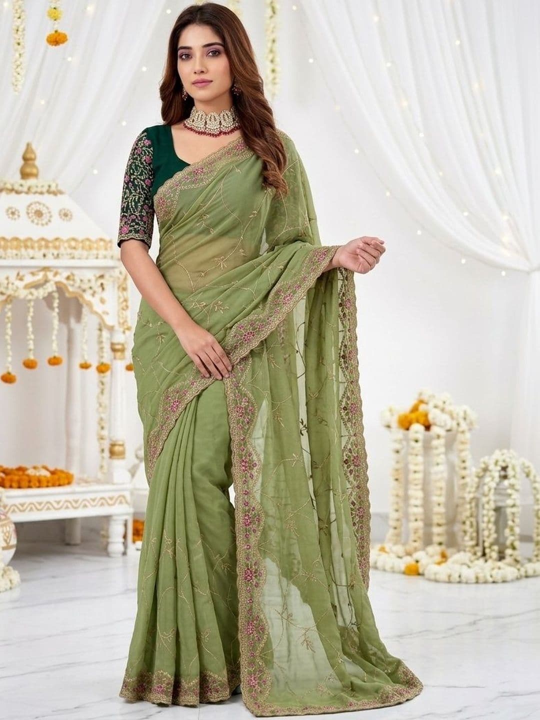 Mitera Floral Embroidered Poly Georgette Heavy Work Saree - view 1