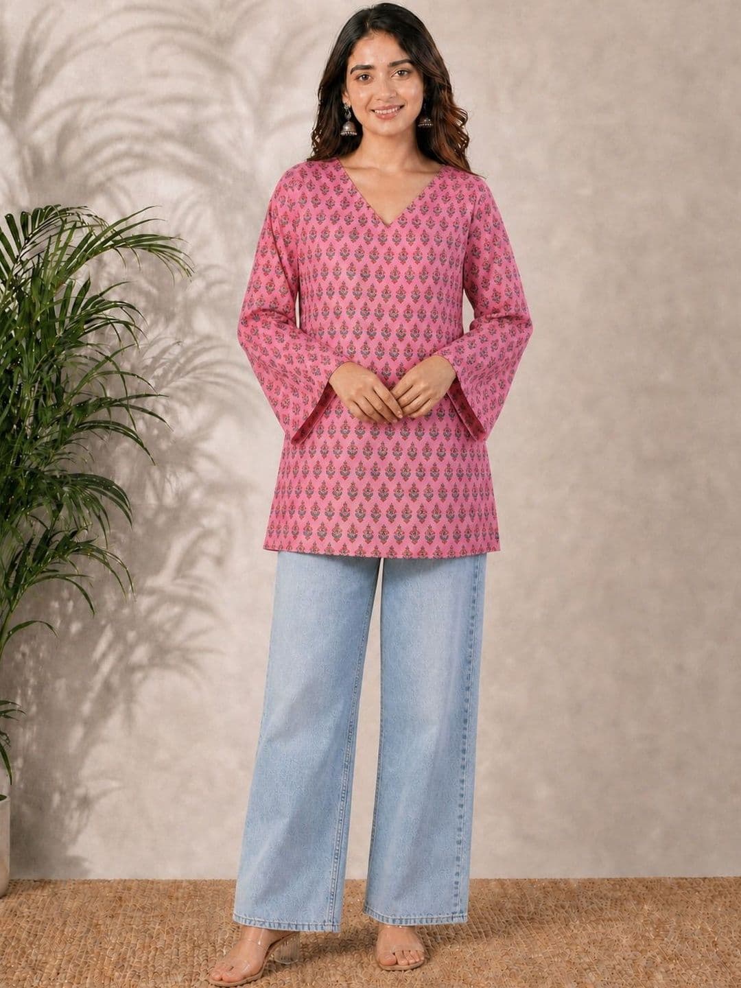 Sangria Printed V-Neck Above Knee Straight Kurtas thumbnail 4