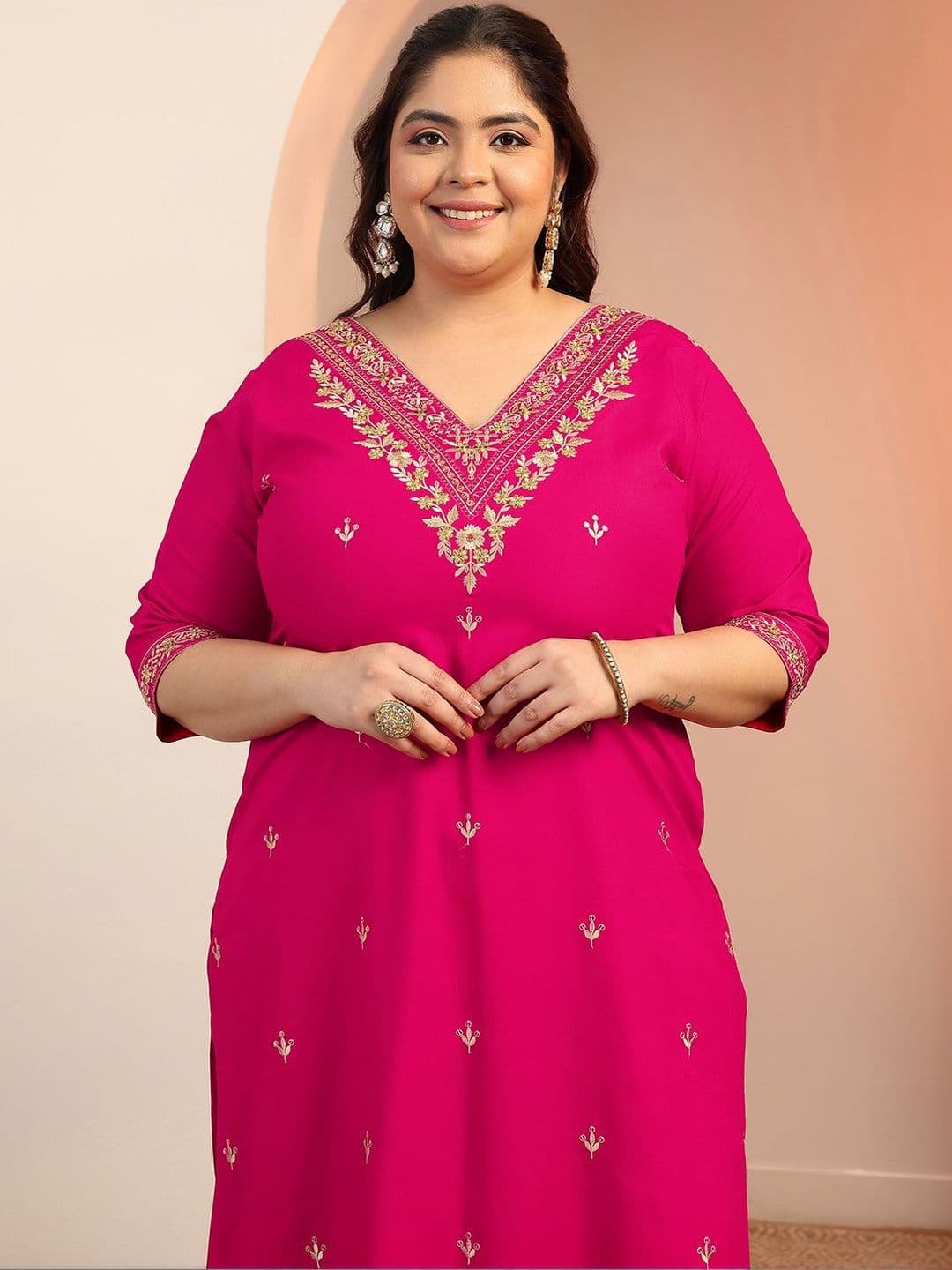 EXTRA LOVE BY LIBAS Plus Size Pink Embroidered Viscose Straight Suit Set With Dupatta thumbnail 2
