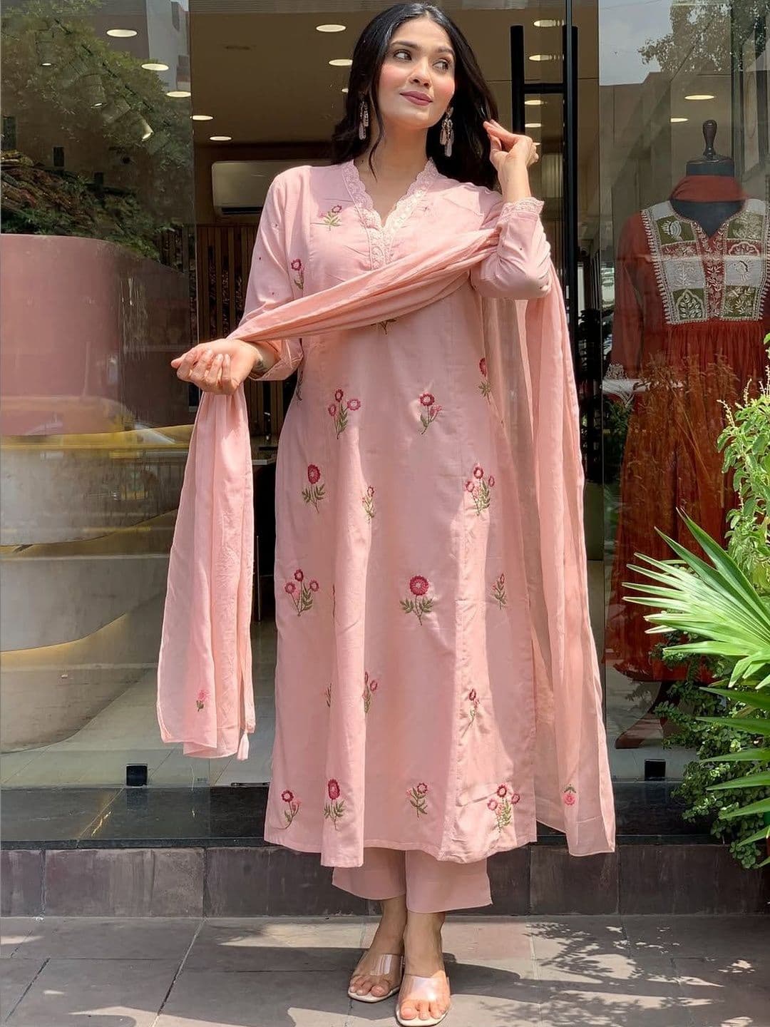 Sangria Self Design Chanderi Silk V-Neck Kurta & Trousers With Dupatta - view 1