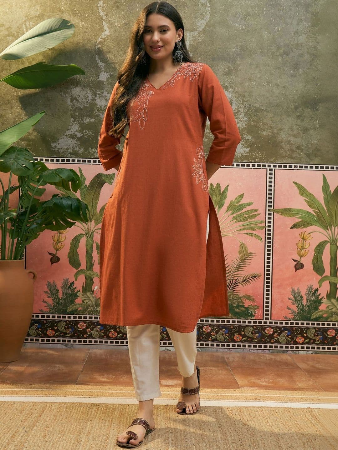 Sangria Printed Cotton V-Neck Calf Length Straight Kurtas - view 1