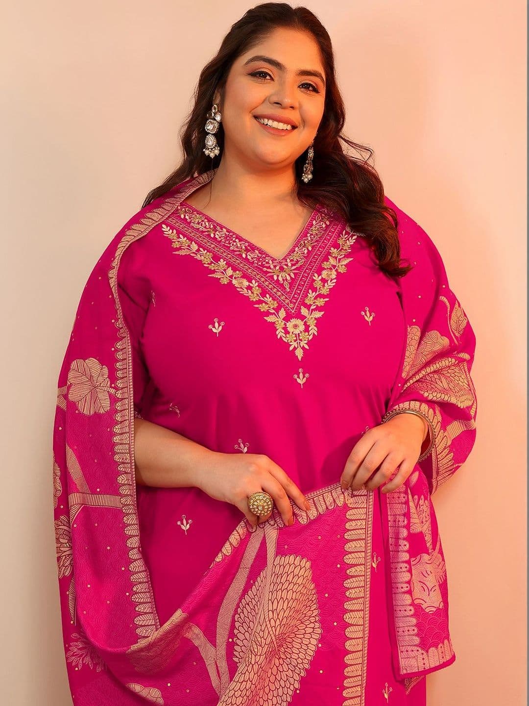 EXTRA LOVE BY LIBAS Plus Size Pink Embroidered Viscose Straight Suit Set With Dupatta thumbnail 5
