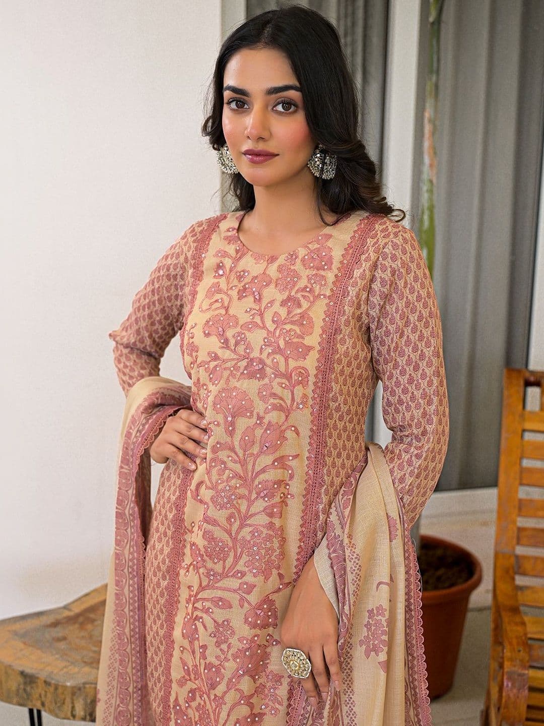 Sangria Embroidered  Round Neck Kurta & Trousers With Dupatta thumbnail 3