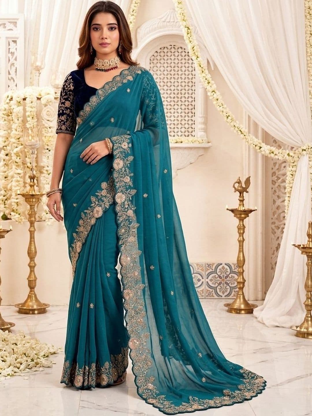 Mitera Ethnic Motifs Embroidered Poly Georgette Heavy Work Saree - view 1