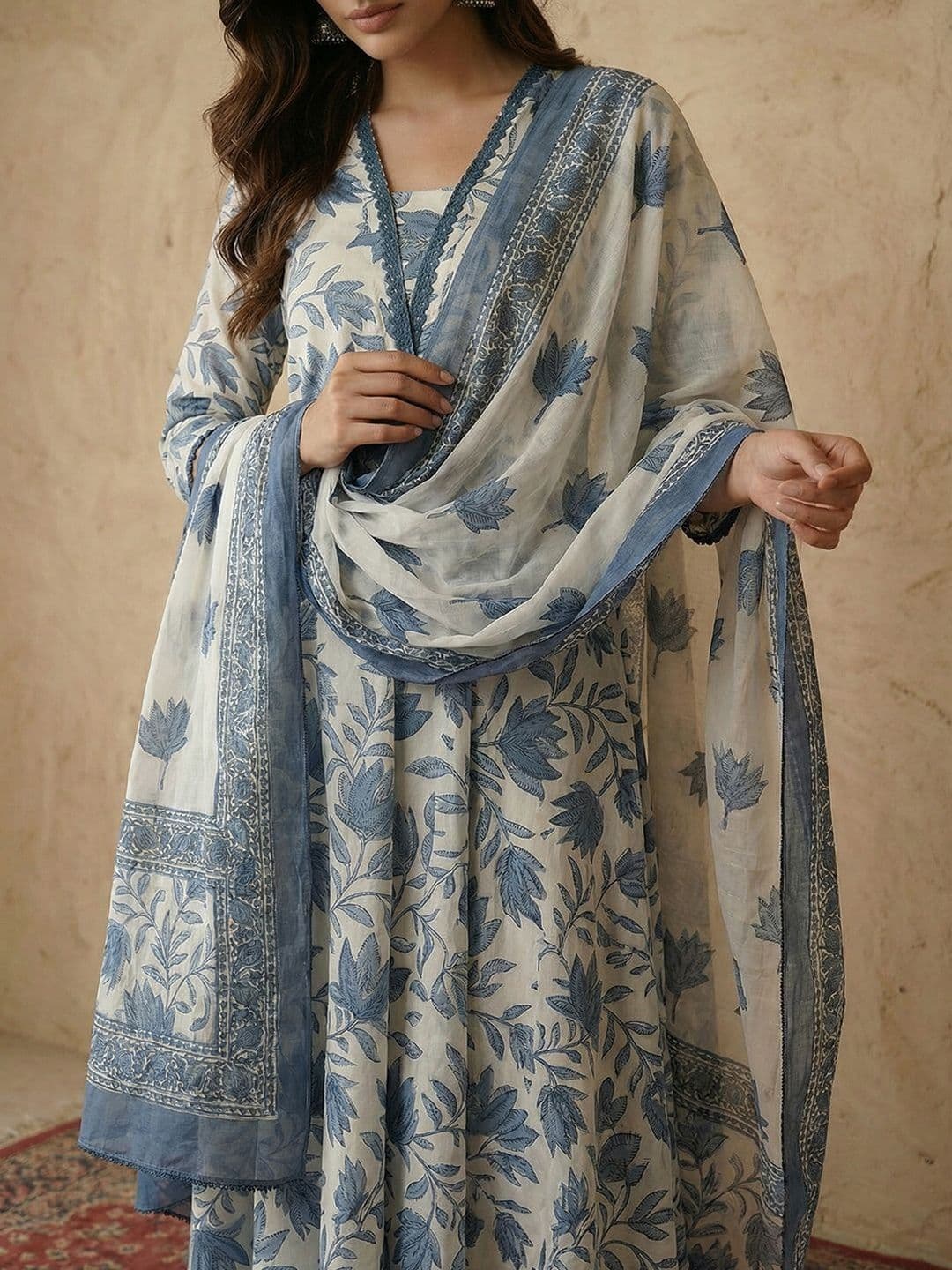 Sangria Printed V-Neck Kurta & Trousers With Dupatta thumbnail 4
