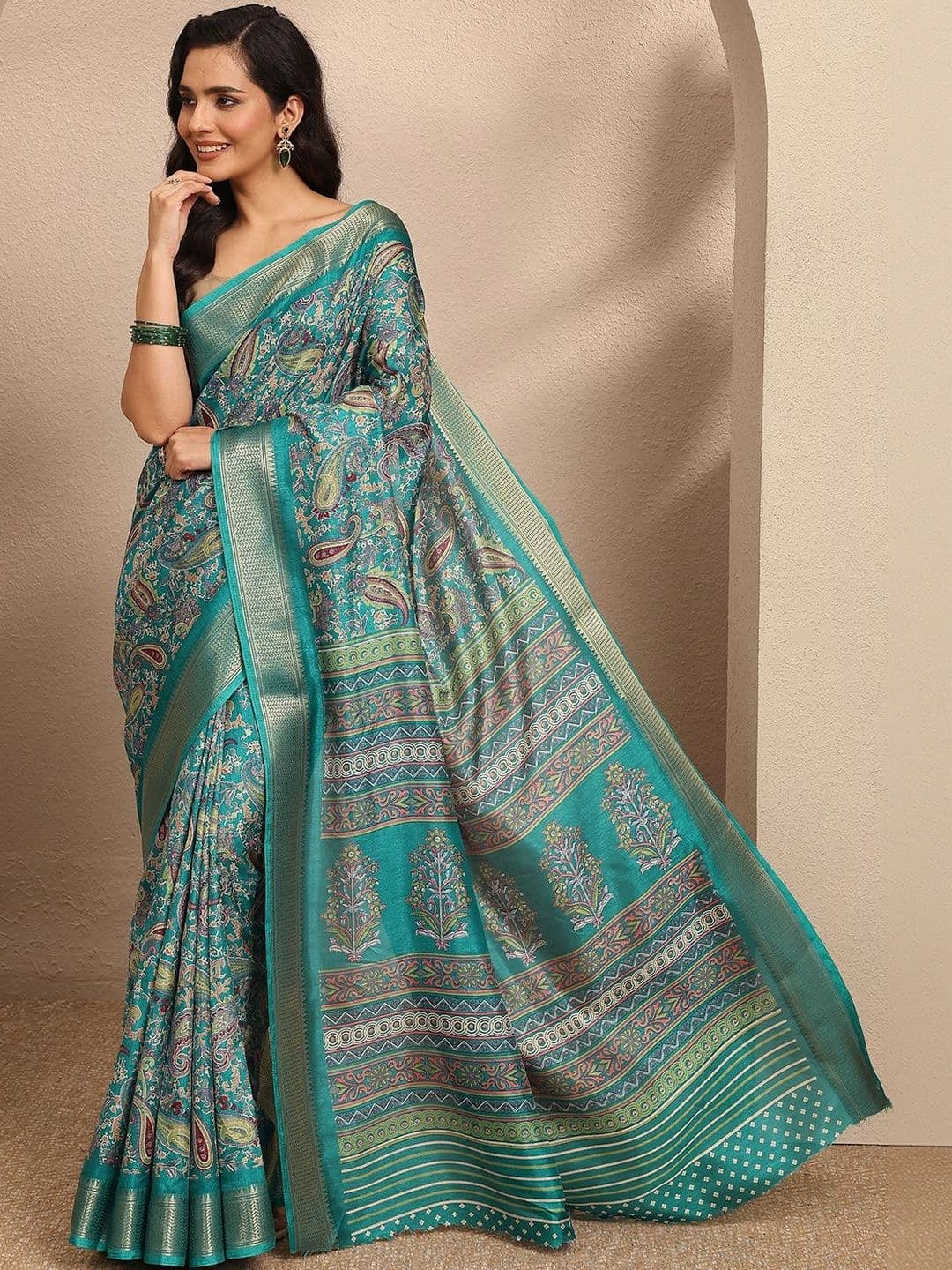 Libas Green Paisley Printed Saree With Unstitched Blouse Piece - view 1