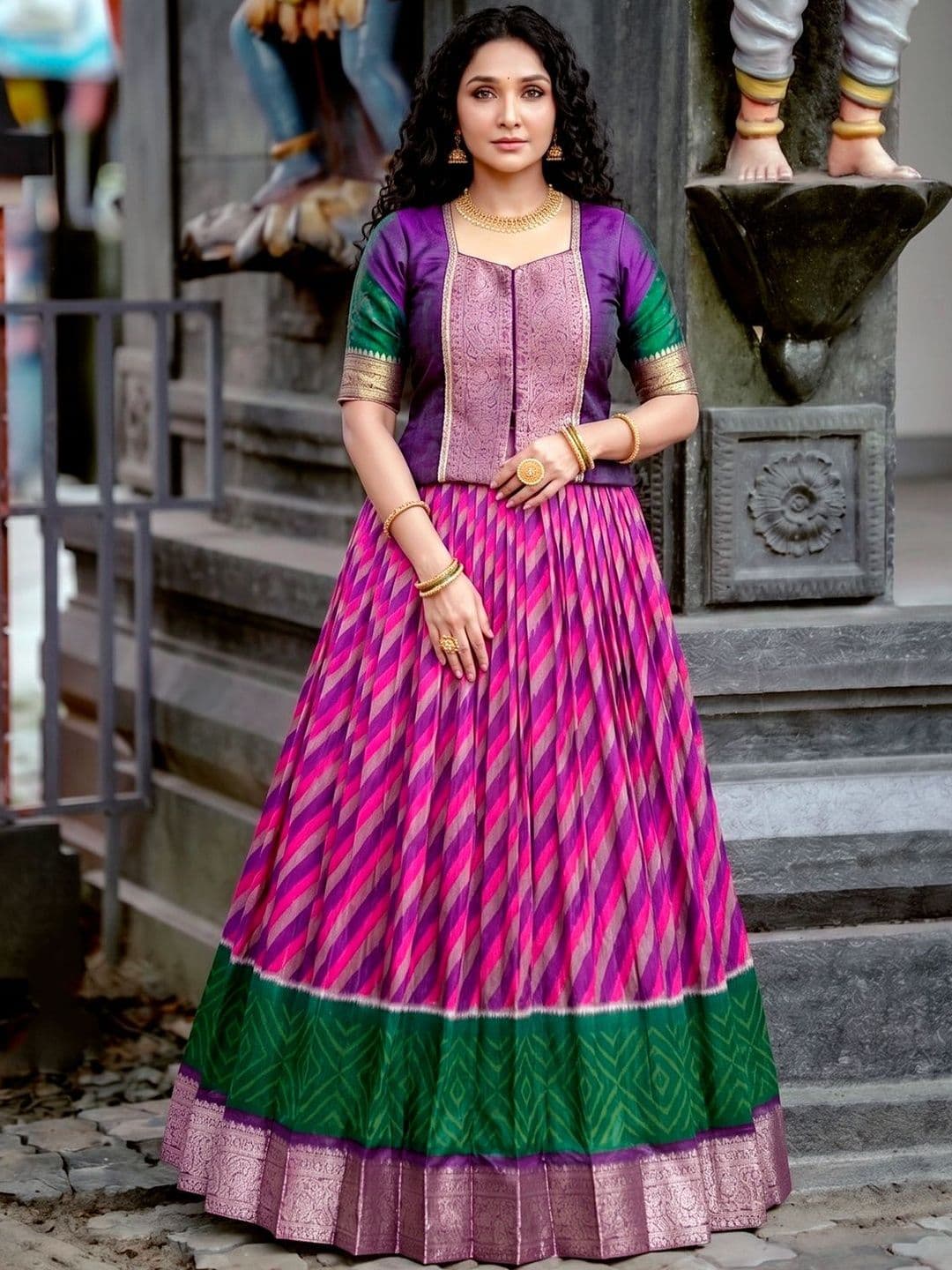 LOOKNBOOK ART Tasar Silk Leheriya Print Lehenga Choli with Rich Zari Weaving Work thumbnail 3