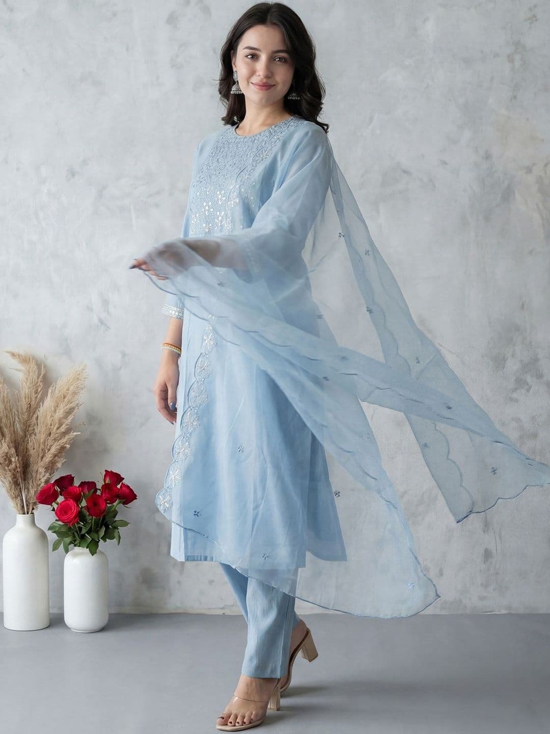 Indo Era Women Ethnic Motifs Embroidered Regular Thread Work Kurta with Trousers & With Dupatta thumbnail 4