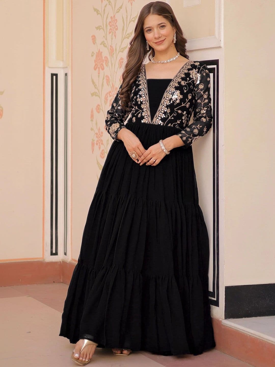 FoxDX Embroidered V-Neck Maxi Ethnic Dresses - view 1