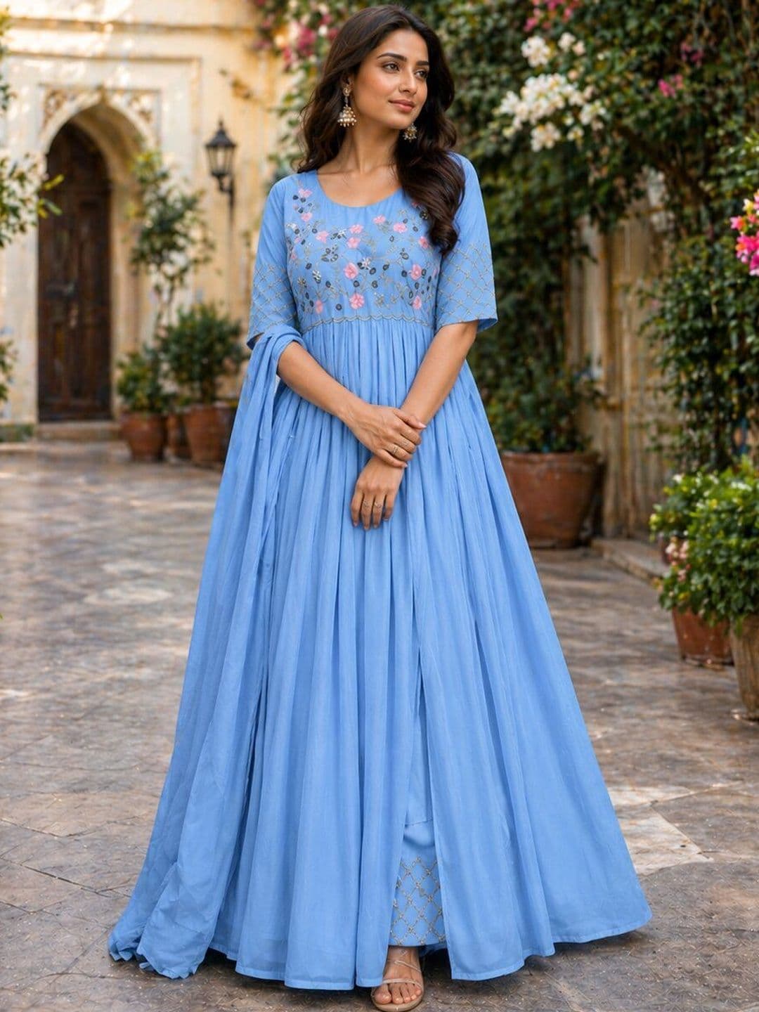 PRIMESKY Women Floral Embroidered Empire Thread Work Silk Georgette Kurta with Trousers & With Dupatta - view 1